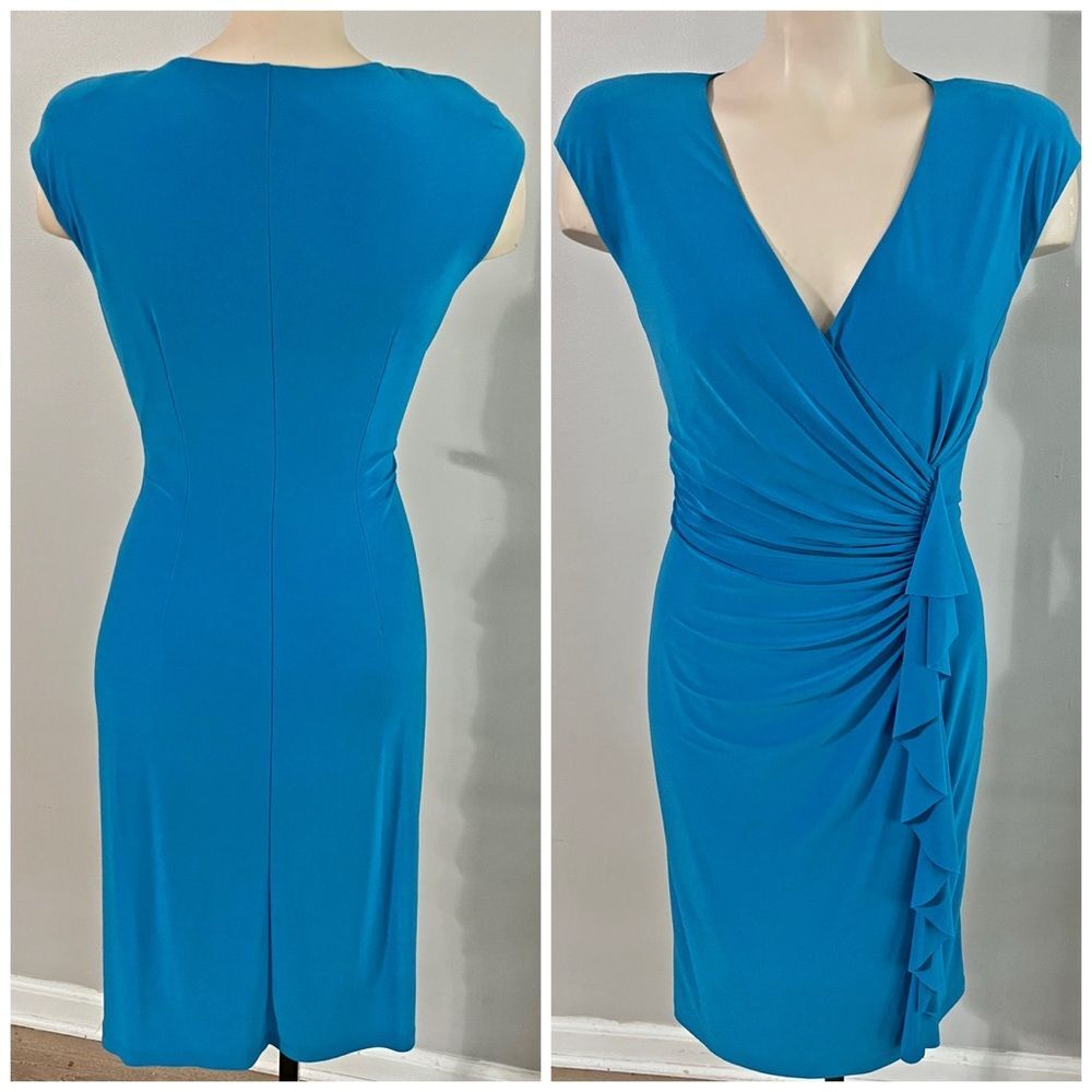American Living Blue Ruched Faux Wrap Sheath Dress Ruffle Cocktail Size 6
